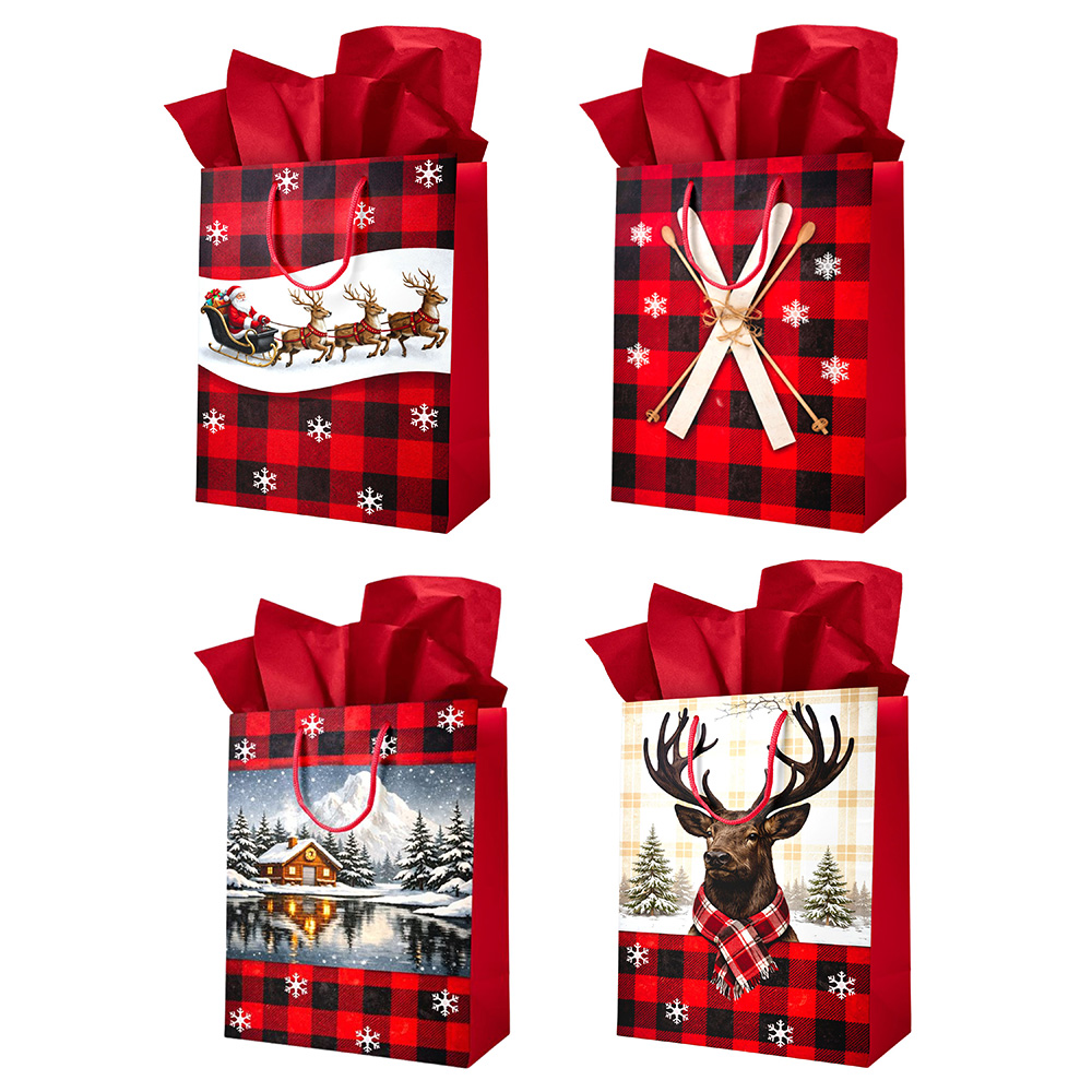 Image Petits sacs cadeaux de Noël verticaux - Série Chalet d'hiver (ass't 12) - 7 x 9''